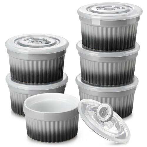 vancasso 8 oz Ramekins with Lid, Porcelain Creme Brulee Souffle Dishes, Grey Pudding Custard Cups Ramiken for Baking, Dishwasher and Oven Safe, Set of 6 - color: Grey, size: 8 oz