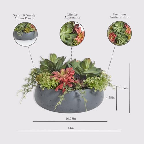 CG Hunter Faux Succulent Arrangement, Premium Artificial Indoor Plant Enhances Interior Design, Display on Any Surface in Your Home Adding an Inviting Touch of Nature, Grey Planter Pot Included - size: 14" Round Grey