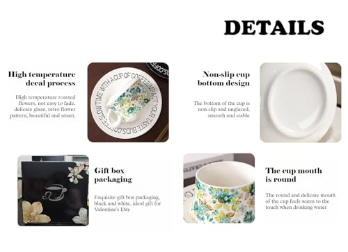 10 oz Elegant Ceramic Coffee Cup and Saucer Set with Gift Box Packaging, Floral China Tea Cup and Saucer Set,Retro Afternoon Tea Cup Set with White Coffee Mug,Valentine's Day Gift for her (White)