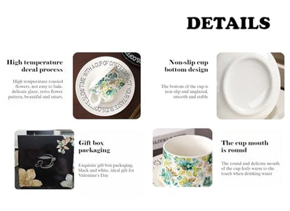 10 oz Elegant Ceramic Coffee Cup and Saucer Set with Gift Box Packaging, Floral China Tea Cup and Saucer Set,Retro Afternoon Tea Cup Set with White Coffee Mug,Valentine's Day Gift for her (White)
