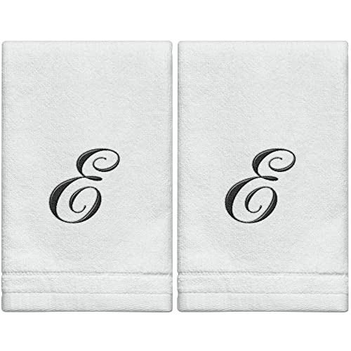 Monogrammed Towels Fingertip, Personalized Gift, 11 x 18 Inches - Set of 2- Black Embroidered Towel - Extra Absorbent 100% Cotton- Soft Velour Finish - For Bathroom/ Kitchen/ Spa- Initial E (White) - color: E