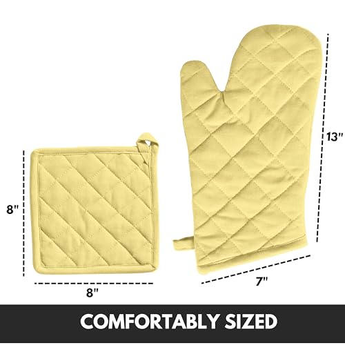 Oven Mitt (7"x13") & Pot Holder (8"x8") 100% Cotton Set of Heat Resistant Oven Gloves & Hot Pads for Gifts, BBQ, Cooking, Baking, Thanksgiving - Pale Yellow - color: Pale Yellow