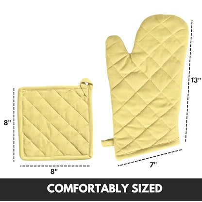 Oven Mitt (7"x13") & Pot Holder (8"x8") 100% Cotton Set of Heat Resistant Oven Gloves & Hot Pads for Gifts, BBQ, Cooking, Baking, Thanksgiving - Pale Yellow - color: Pale Yellow