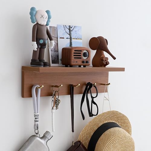 Marine Plywood Wall Mounted Coat Rack with Shelf & Key Hooks, 5 Brass Hooks Entryway Organizer, Modern Floating Shelf for Bedroom Hallway, Space-Saving Home Storage Rack (1, Teak Finish) - color: Teak Finish