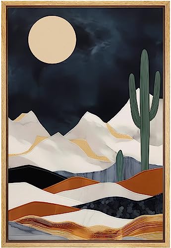 SIGNFORD Framed Canvas Print Wall Art Cactus Desert Mountain Range Nature Wilderness Illustrations Decorative Bohemian Rustic Mid-Century Modern Desert Landscape for Bedroom - 16"x24" Natural - color: A04-2307-yuk02, size: 24"L x 16"W