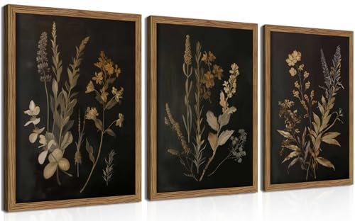 Framed Dark Botanical Wall Art Set of 3, Black Moody Floral Wall Decor Paintings, Dark Academia Decor, Vintage Flower Artwork Prints Pictures for Living Room Bedroom Bathroom 16x24 Inch - color: Dark Flowers, size: 24L" x 16W"