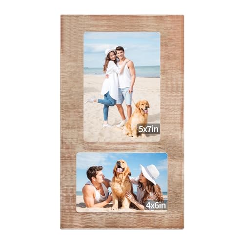 YESKAY 4x6 and 5x7 Collage Picture Frame - 2 Opening Picture Frames Rustic Brown Wood Frame with Real Glass,Display 4 by 6 and 5 by 7 Photo Frames Wall Decor or Tabletop 1 Pack - color: Rustic Brown, size: 4x6&5x7 - 2 Opening(OD:7.5X12.9in)