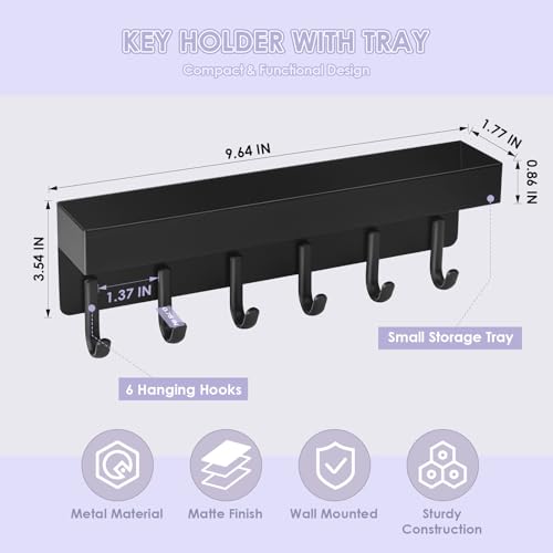 VIS'V Key Holder Wall Mount, Adhesive Key Rack with Tray, 6 Hooks, Black | 2 Mount Options, Compact Discreet Design, Suitable for Entryway, Hallway, Doorway, Kitchen, Garage, Camper - color: Black