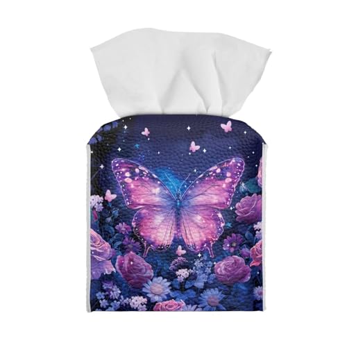 Butterfly Tissue Box Cover Novelty Home Decorative Leather Case Facial Paper Cube Tissue Holder Napkin Organizer Dispenser with Bottom Belt, Purple Floral - color: Butterfly Purple Flowers