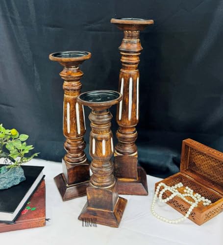 Pillar Candle Holders Set of 3, Candle Holders for Pillar Candle,Mango Wood Candle Holder for Coffee Dining Table, Wedding, Christmas, Halloween, Home Decoration,Brown