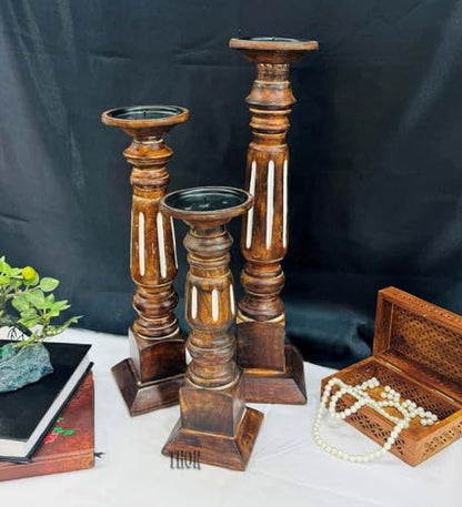 Pillar Candle Holders Set of 3, Candle Holders for Pillar Candle,Mango Wood Candle Holder for Coffee Dining Table, Wedding, Christmas, Halloween, Home Decoration,Brown