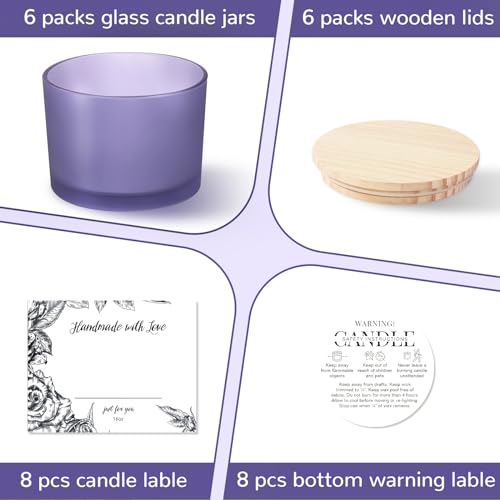 6 Pack Glass Candle Jars with Lids (16oz, Frosted Purple) - Large Candle Jars for 3 Wick Candles Making - Empty Candle Jars Containers - Candle Making Accessories include 16Pcs Candle Labels - color: Frosted Purple