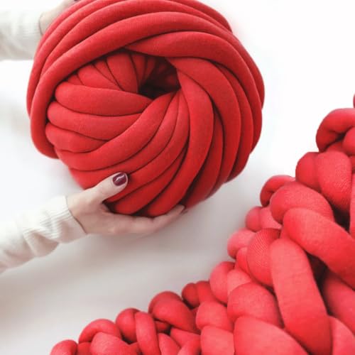 Arm Knitting Yarn for Chunky Yarn Giant Tubular Crochet Making Blanket DIY,Hand Knitting Braided Knot Throw Washable Tube Bulky for Weave Craft Crochet (Red,0.55lb)