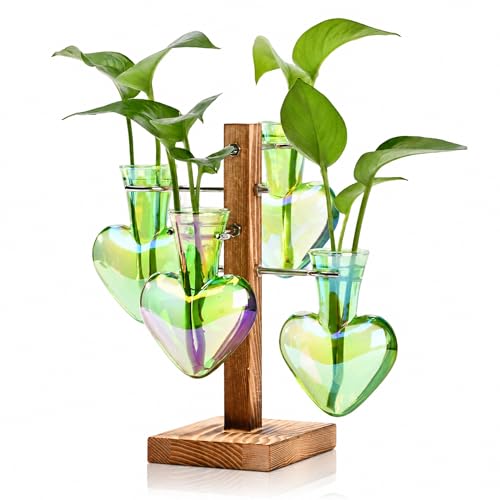 Plant Terrarium Propagation Stations: Green Vase with Wooden Stand | 4 Irised Crystal Glass, Heart Shaped, Home Table Decor, Birthday Gifts for Plant Lovers Women Mom Wife - color: Green