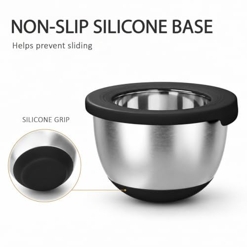 KITEISCAT Stainless Steel Mixing Bowls with Lids – Set of 5 Large Nesting Metal Bowls for Kitchen, Baking, Cooking, Food Prep & Storage, Non-Slip Base, Dishwasher Safe,Black - color: Black