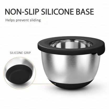 KITEISCAT Stainless Steel Mixing Bowls with Lids – Set of 5 Large Nesting Metal Bowls for Kitchen, Baking, Cooking, Food Prep & Storage, Non-Slip Base, Dishwasher Safe,Black - color: Black