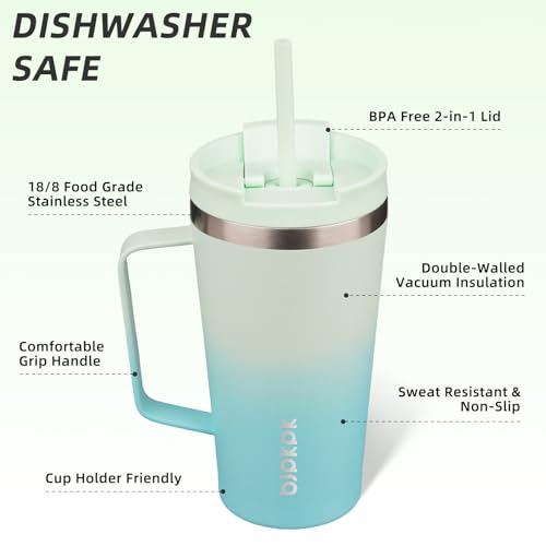 BJPKPK 18oz Insulated Tumbler with Handle, Lid & Straw, Stainless Steel | Double Wall Vacuum Insulated Coffee Travel Mug - Keeps Cold & Hot, BPA Free, Cupholder Fit for Office, Gym & Travel - color: Mint, size: 18 Ounces