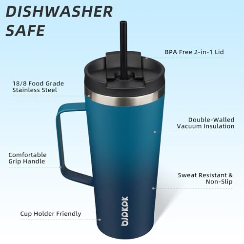 BJPKPK 22oz Insulated Tumbler with Handle, Lid & Straw, Stainless Steel | Double Wall Vacuum Insulated Coffee Travel Mug - Keeps Cold & Hot, BPA Free, Cupholder Fit for Office, Gym & Travel - color: Sea, size: 22 Ounces
