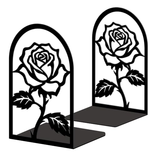 5.3"x4.3"x7.9" Metal Bookends, Heavy Duty Book Ends for Shelves | Rose Flower Theme Cast Iron Book Supports, 1 Pair Decor Stoppers for Desk, Library, Office & Home Shelves - style: Rose Flower
