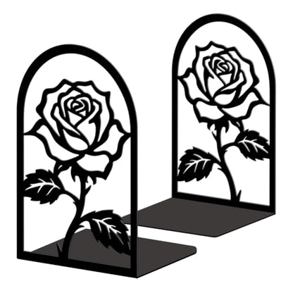 5.3"x4.3"x7.9" Metal Bookends, Heavy Duty Book Ends for Shelves | Rose Flower Theme Cast Iron Book Supports, 1 Pair Decor Stoppers for Desk, Library, Office & Home Shelves - style: Rose Flower