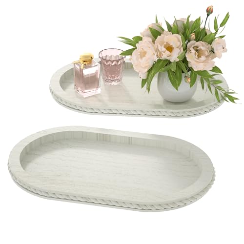Urban Deco Oval Wooden Decorative Tray Set of 2 | Farmhouse Vintage Decorative Tray Stand for Coffee Table, White Serving Tray for Living Room Kitchen Home Decor - style: 1 tier-2pk