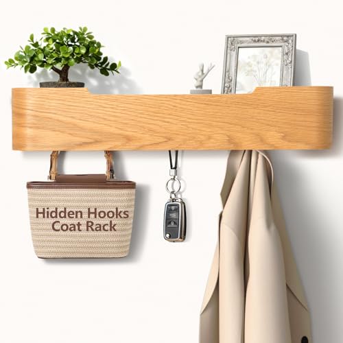 Coat Rack Wall Mount with Hidden Hooks Modern Key Holder Wood Entryway Hook with Shelf for Bedroom Kitchen Hallway Bathroom Designed for Hanging Coats Hats Bags Towels Dog Leashe(Oak,5 Hooks) - color: Oak, size: 5 Hooks