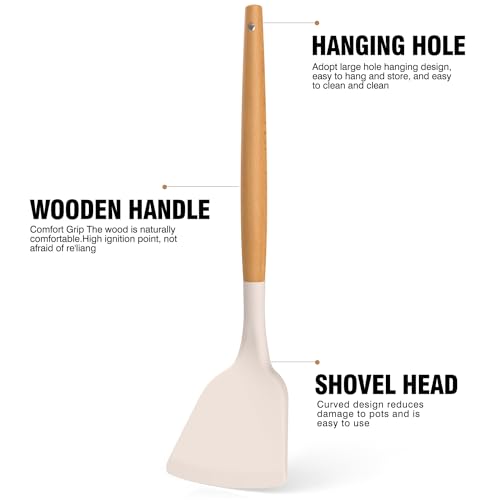 Silicone Cooking Utensils Set - AVGPD Silicone Kitchen Utensils for Cooking Wooden Handles, 446°F Heat Resistant Kitchen Utensil Spatula Sets w Holder, Gadgets for Non-Stick Cookware BPA FREE (Khaki) - color: Khaki