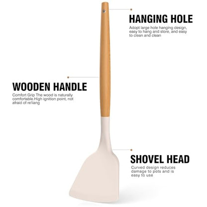 Silicone Cooking Utensils Set - AVGPD Silicone Kitchen Utensils for Cooking Wooden Handles, 446°F Heat Resistant Kitchen Utensil Spatula Sets w Holder, Gadgets for Non-Stick Cookware BPA FREE (Khaki) - color: Khaki