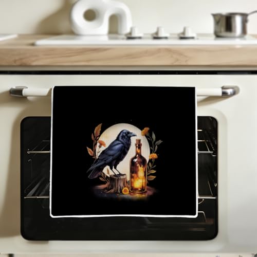 Black Raven Kitchen Towels 24x14 Inch, Gothic Design Autumn Hand Towels for Kitchen Home Farmhouse, Absorbent Microfiber Dish Cloth Tea Towel, Housewarming Gifts for Women - color: Lm 332