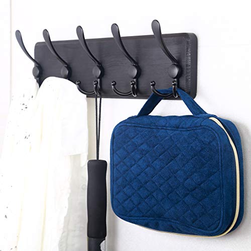 SKOLOO Rustic Wall Mounted Coat Rack: 16" Stud Spacing, Pine Real Wood Plank Wall Coat Rack with 5 Triple Hooks, Farmhouse Coat Hanger Wall Mount for Hanging Backpack Jacket Coat Hat - color: Black Plate & Black Hook, size: 1 Item-5 Hooks