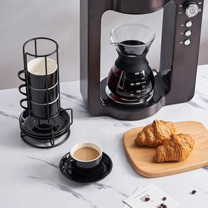 YOLIFE 2.5oz Espresso Cups Set of 4, Porcelain Stackable Espresso Cups, Expresso Shots Cup Set with Saucers and Metal Stand-Black - color: Black, size: 2.5oz
