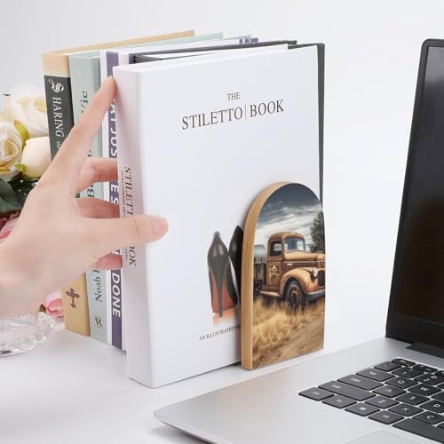 Old Truck Car Book Ends for Shelves - 2 Pack Handmade Wooden Bookends with Metal Base, Sturdy Book Holder for Heavy Books Modern Decorative Book Stopper for Home Office