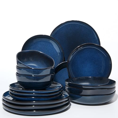 Plates and Bowls Sets, 16 Pieces Dinnerware Set for 4 with Pasta Bowls, Handmade Dishes Set, Chip Resistant Dishware Sets, Microwave Safe Dinner Set, Designed for Interactive Meals, Starry Blue - color: Starry Blue, size: Set (16pcs)