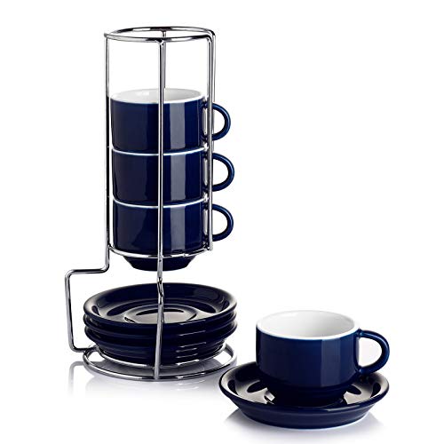 Sweese 4 Ounce Porcelain Stackable Espresso Cups with Saucers and Metal Stand Set of 4, Navy - color: Navy, size: 4 Ounces