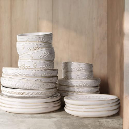 Pasta Bowls, 50oz Large Salad Serving Bowls, 9.75'' Plates Bowl Set of 4, Big White Ceramic Soup Bowl for Kitchen, Embossment Shallow Dinner Bowl, Microwave Dishwasher Safe, Damask Floral - color: White (Damask Floral)