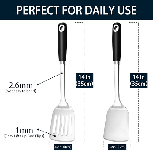 14-in Spatula Set, 18/0 Stianless Steel Heavy Duty Turner & Slotted Spatula, Kitchen Cooking Utensils Set, High Heat Resistant, Grilling Frying Serving Food, Pack of 2 - color: Black, size: 2PCS-Spatulas set