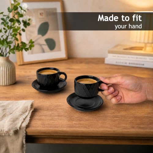 MIAMIO - Espresso Cups Set, Ceramic (Black) - Modern Home Set | Ceramic espresso cups without handles, thick-walled moka cups for espresso and moka, Black - dishwasher safe at home every - color: Black