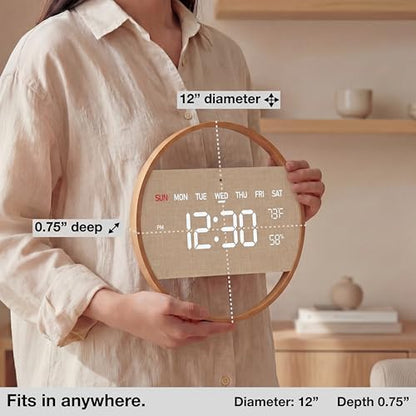 Driini Large Digital Wall Clock -Round Digital Bamboo Wooden Wall Clock with Large Display - LED Wall Clock - Auto-Dimming – Plug in USB with Temperature & Humidity – Large Wall Clock for Living Room.