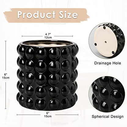 6 Inch Ceramic Planter Pot for Indoor Plants with Drainage Hole Bubble Flower Planter Hobnail Plant Pot Garden Planter Black Succulent Plant Pot Utensil Holder - color: Black # 6 Inch