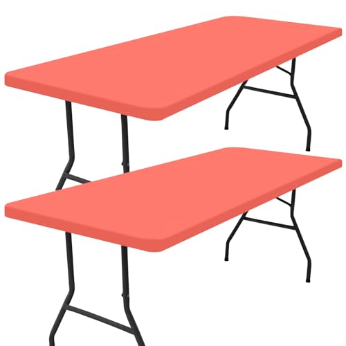 Smiry 2 Pack Rectangle Picnic Table Cloth, Waterproof Elastic Fitted Tablecloths, Washable Polyester Rectangular Patio Table Cover for Camping, Indoor and Outdoor (Coral Red, 24"x48") - color: Coral Red, size: 4FT - 24"X48"