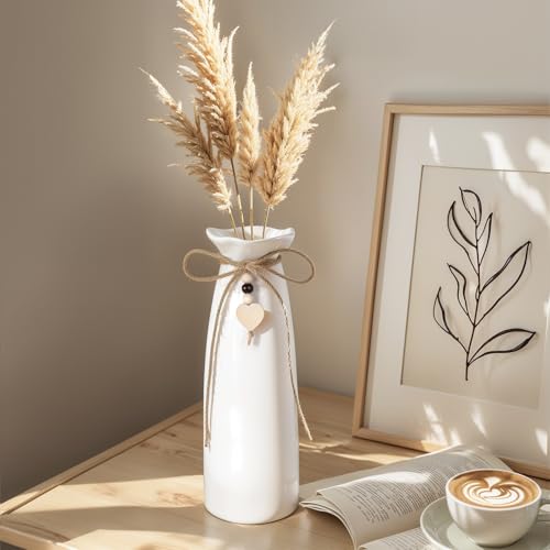 8 Inch Ceramic Vase with Jute Rope & Heart Charm, Elegant White Decorative Vase for Home Décor & Table Centerpieces - style: Slim