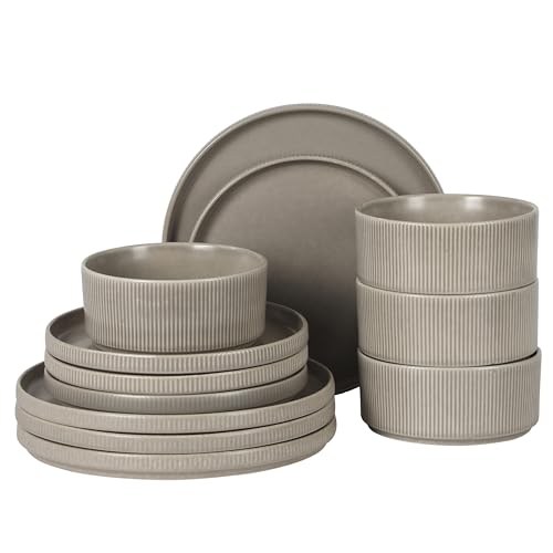 Gibson Elite Avant-Garde 12 Piece Stoneware Dinnerware Set for 4, Chateau Grey Plates and Bowls Set with Reactive Glaze, Includes Dinner Plates, Salad Plates and Bowls - color: Chateau Grey (Avant-Garde), size: Service for 4 (12pcs)