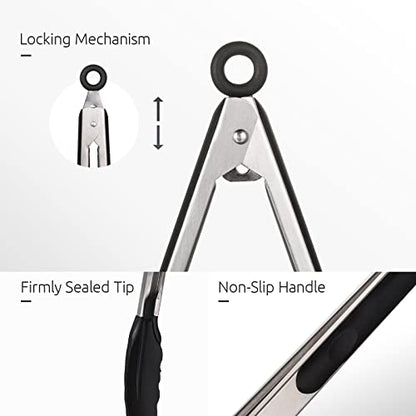 U-Taste 7+9+12 inch 600ºF Heat Resistant Silicone Kitchen Tong Set of 3 and 600ºF Heat Resistant 13.76" Long, 3.63" Wide Wok Spatula for Kitchen Stir Fry (Black)