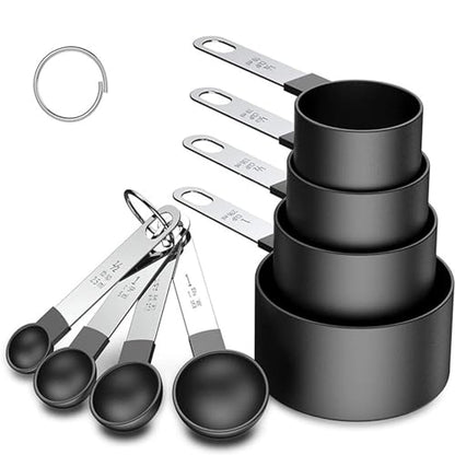 8 PCS Tainless Steel Measuring Cups and Spoons Set, Nesting Measuring Cup and Spoon Set for Precise Cooking Measurements in the Kitchen, Black - color: Black