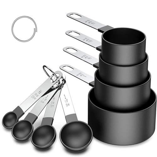 8 PCS Tainless Steel Measuring Cups and Spoons Set, Nesting Measuring Cup and Spoon Set for Precise Cooking Measurements in the Kitchen, Black - color: Black