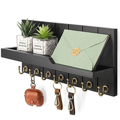 Rebee Vision Key Holder Wall Mount with 7 Hooks & Shelf for Entryway, Black | Key Holder for Wall, Floating Shelf, Display Plants & Letters, Mail Organizer, Rustic Key Rack, Decorative Home Accent - color: Black, size: 15 inches