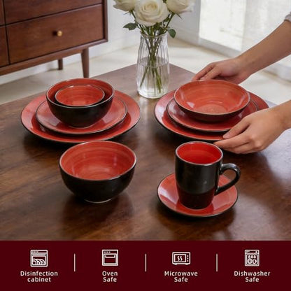 Stoneware Sonoma 56pc Dinnerware Set, Black + Speckled Spin Wash Red - color: Red