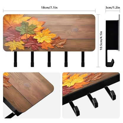 Burbuja Maple Leaves on Wood Key Holder with 5 Key Hooks, Self Adhesive Wall Mounted Key Racks Mail Storage Organizer for Entryway, Home Decor