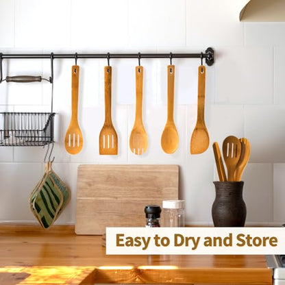 Eisinly Wooden Spoons for Cooking 7-Piece, Kitchen Nonstick Bamboo Cooking Utensils Set, Carbonized Bamboo Durability Spatula Spoon for Everyday Use - color: Carbonized Bamboo, style: Square-edge