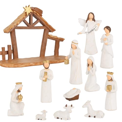 12 Set Nativity Scene Resin Figurines – Handcrafted Christmas Crèche with Holy Family, Mar Joseph Angel Wise Men Animals Stable – Religious Holiday Xmas Decoration for Home Church Mantel (Beige)